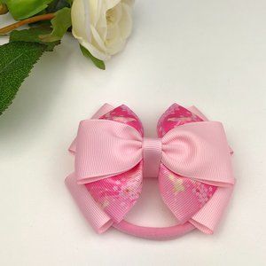 🎀HANDMADE🎀 Multiple Layers Hair Elastic Bows - Pink Floral Printed Ribbon